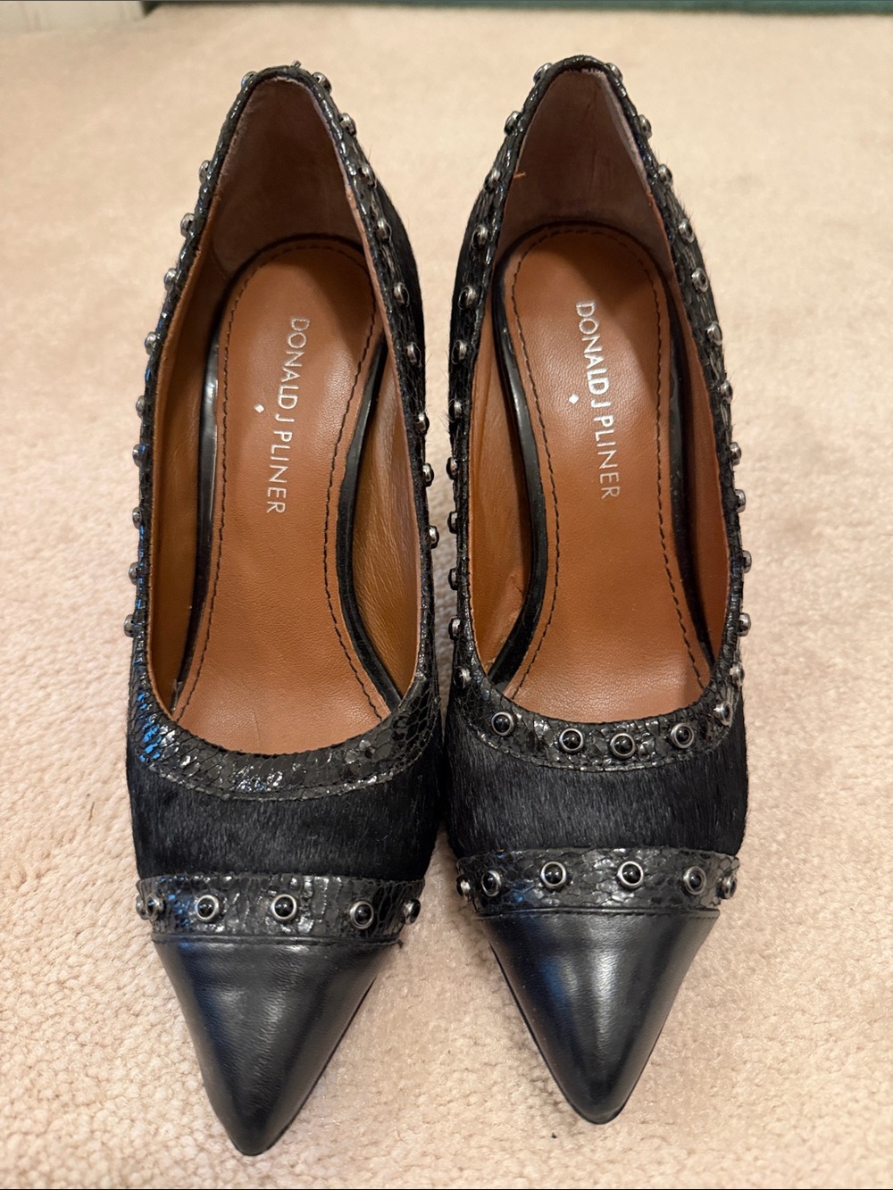 Donald J. Pliner Black Studded Pointed-Toe Pumps with Textured Trim